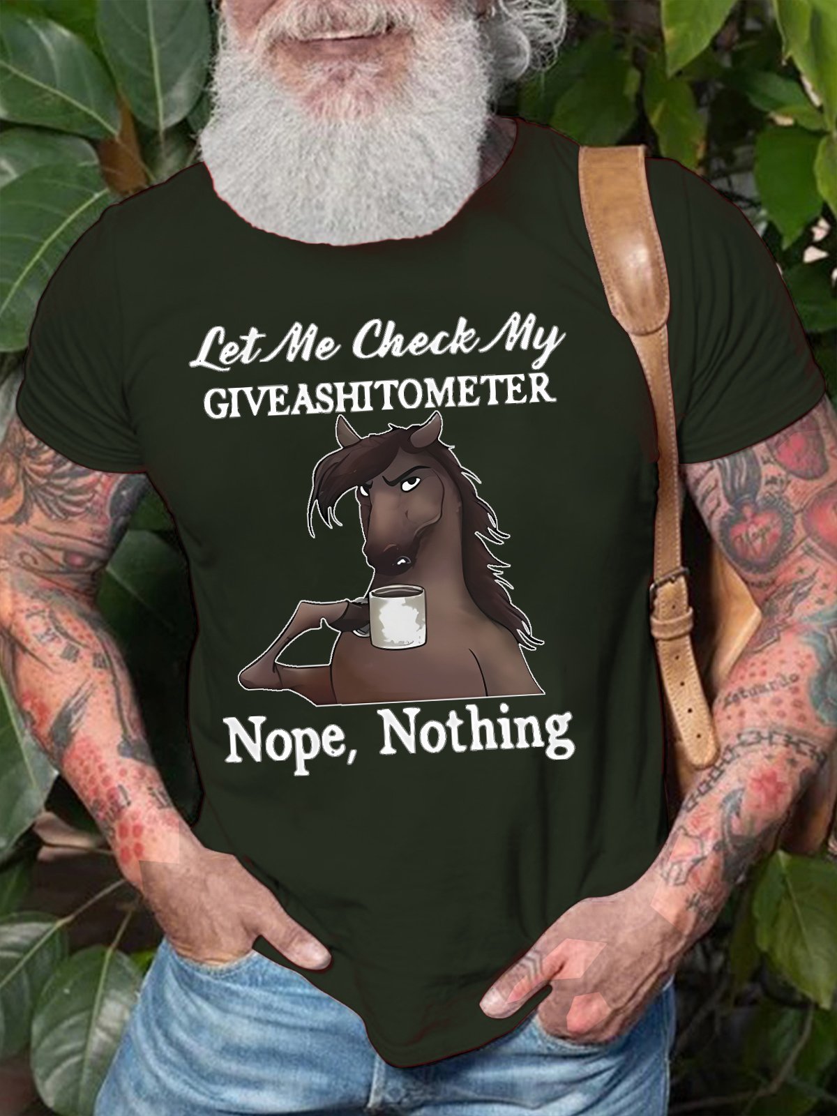 Men's Let Me Check Funny Horse Drinking Coffee Text Letters T-Shirt