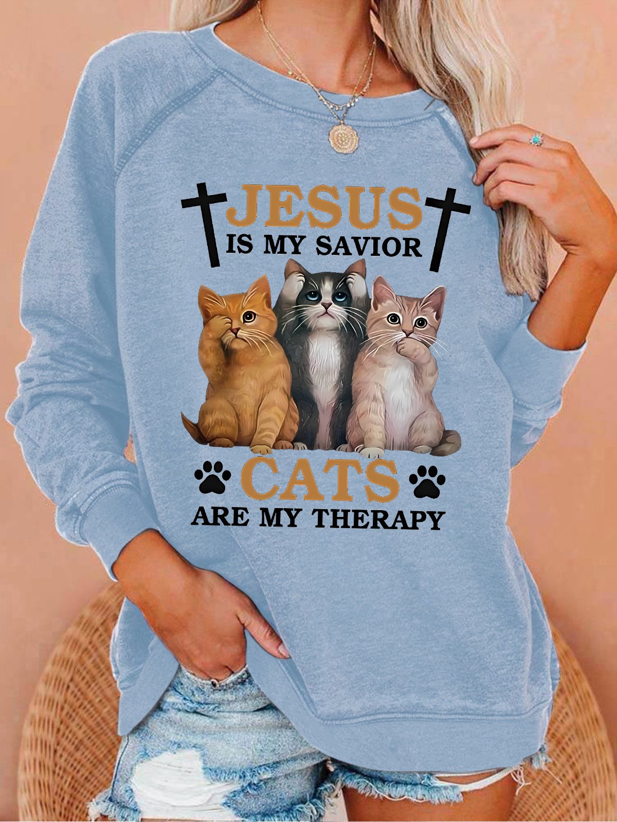 Women's Funny Jesus Is My Savior Cats Are My Therapy Cat Graphic Graphic Text Letters Sweatshirt