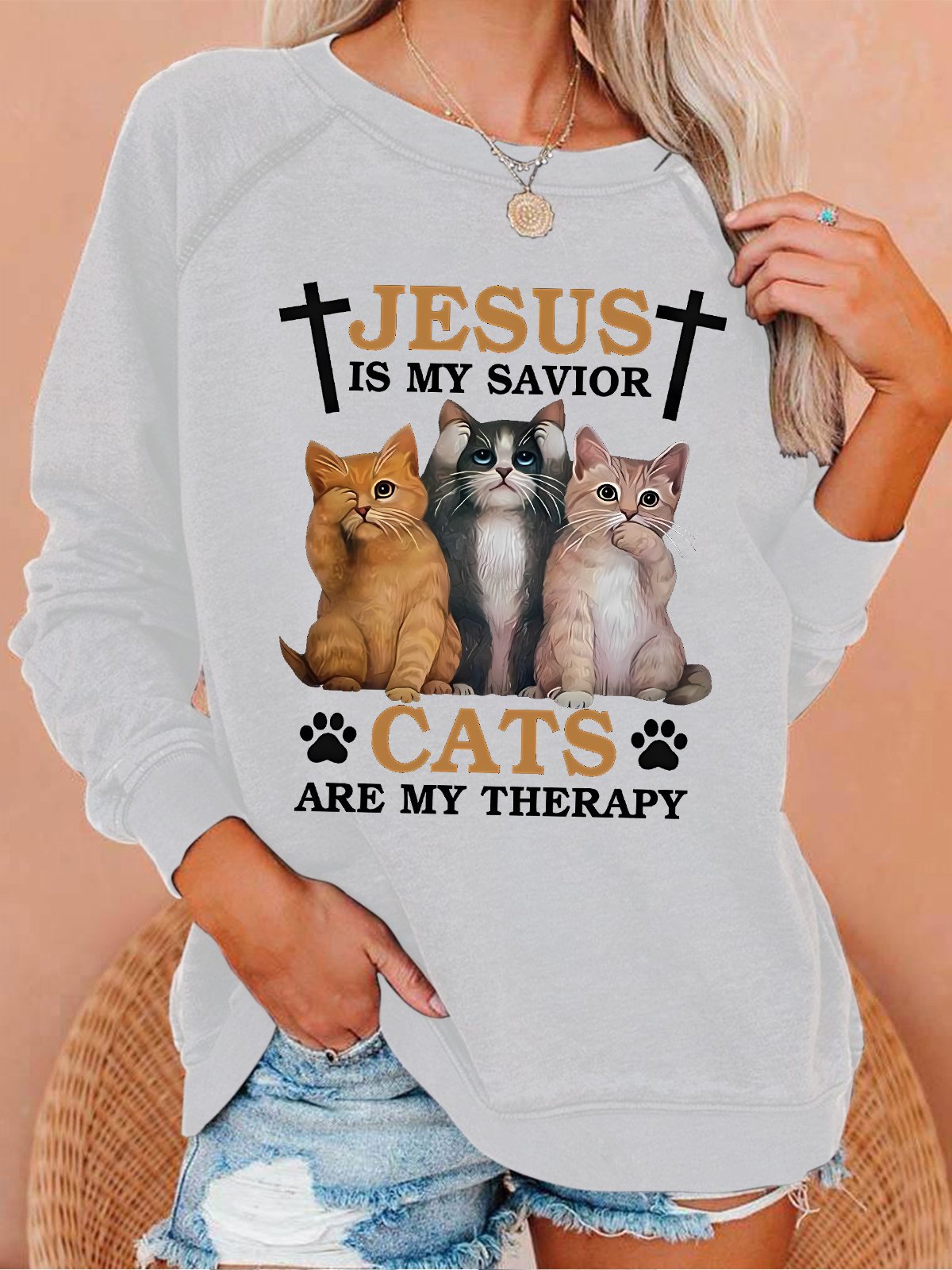 Women's Funny Jesus Is My Savior Cats Are My Therapy Cat Graphic Graphic Text Letters Sweatshirt