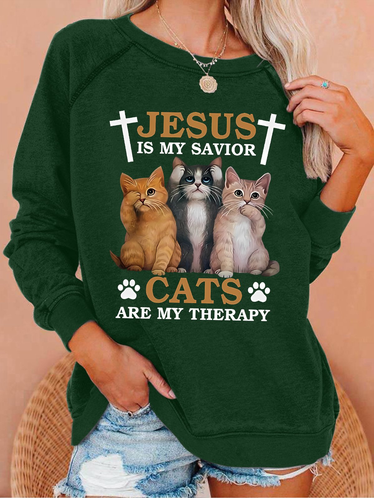 Women's Funny Jesus Is My Savior Cats Are My Therapy Cat Graphic Graphic Text Letters Sweatshirt