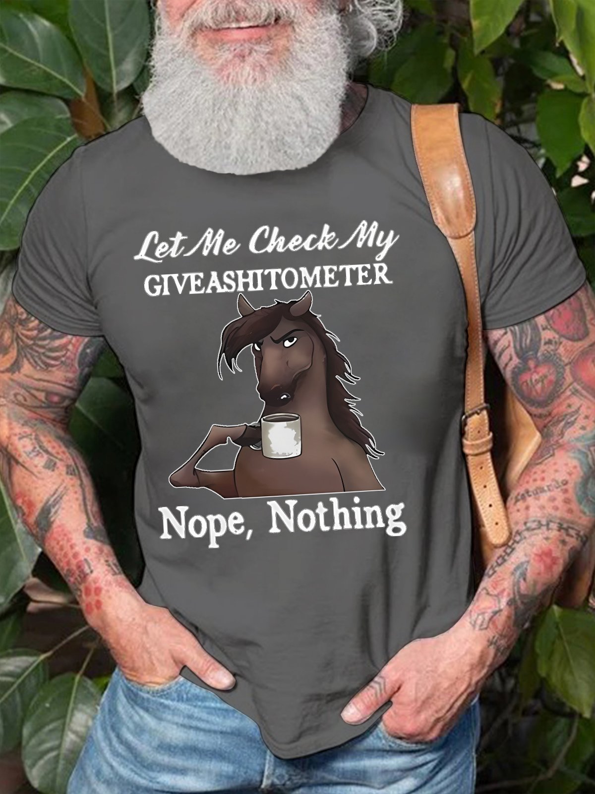 Men's Let Me Check Funny Horse Drinking Coffee Text Letters T-Shirt