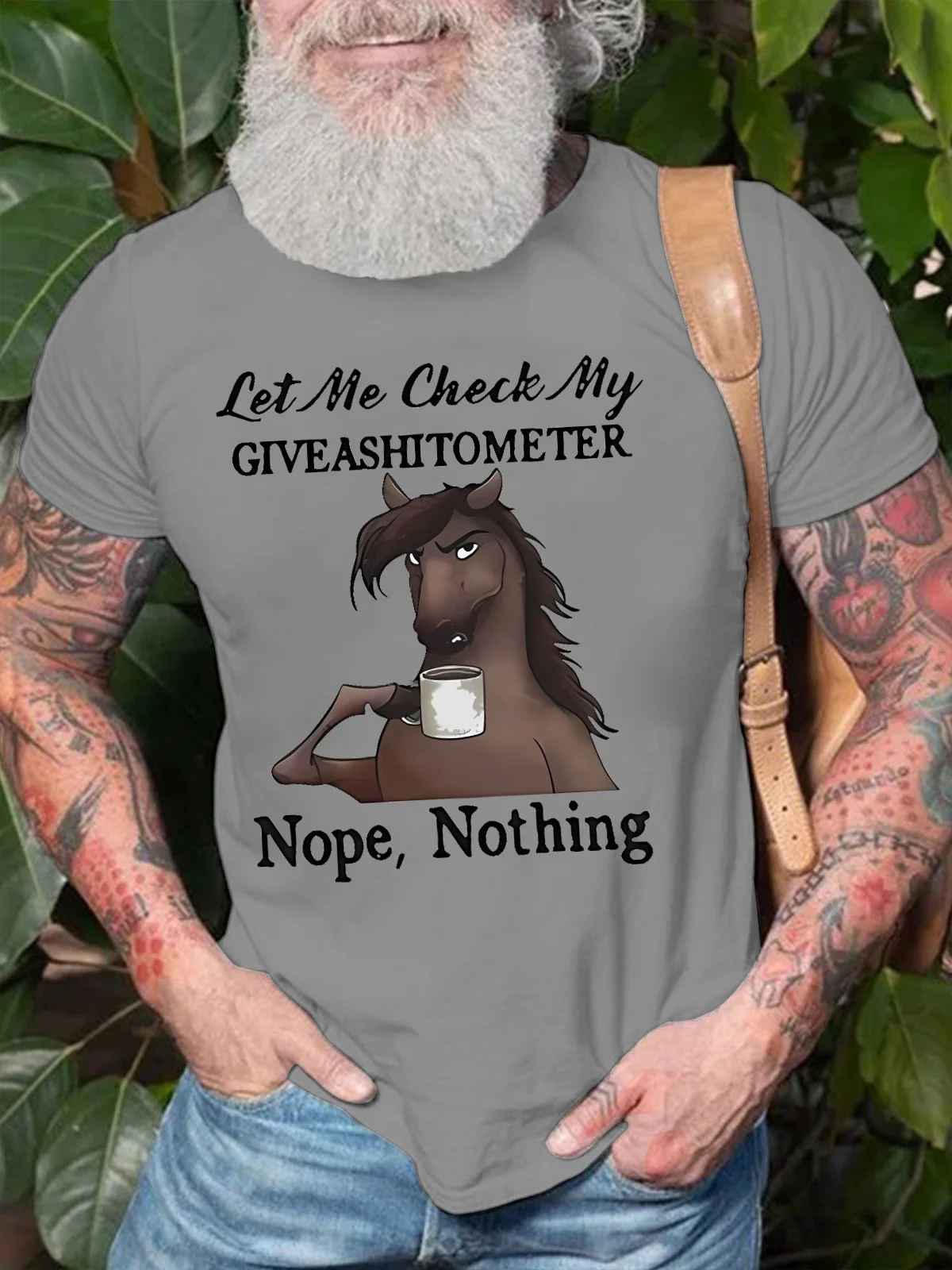 Men's Let Me Check Funny Horse Drinking Coffee Text Letters T-Shirt