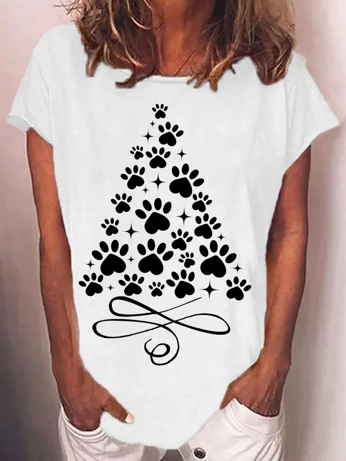 Women's Paw Christmas Tree Printed Casual Crew Neck T-shirt