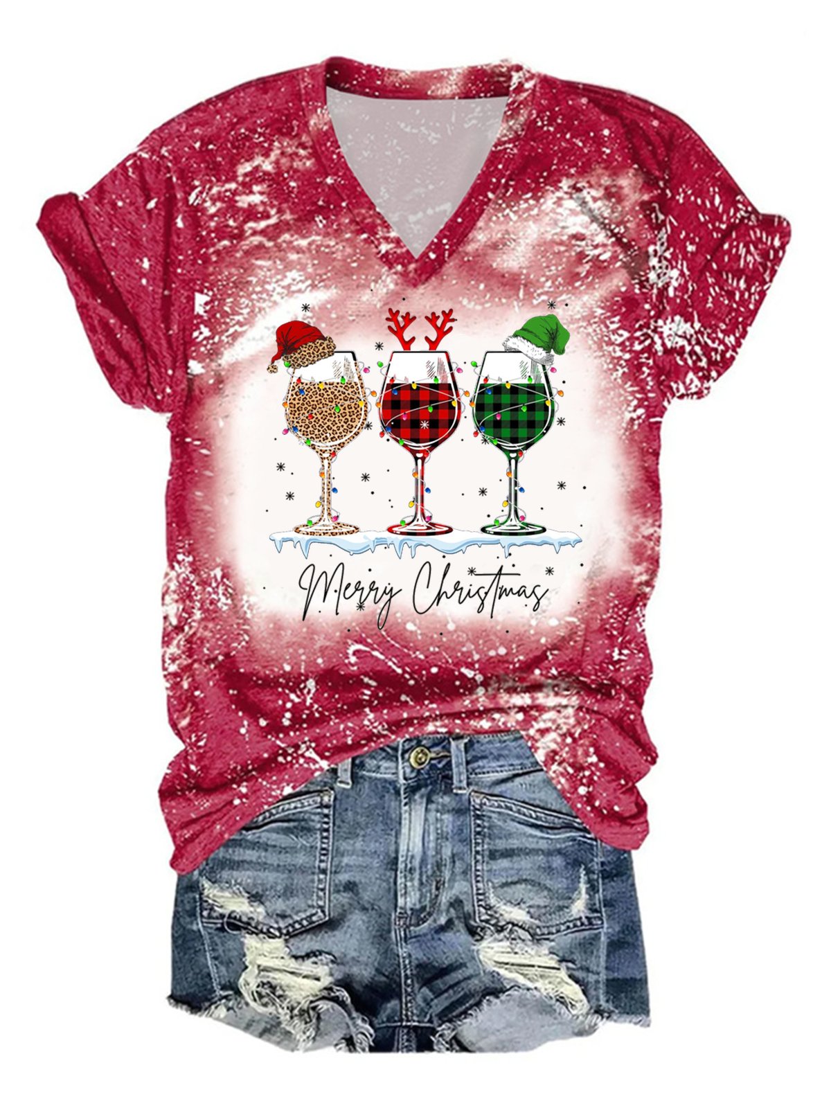 Womens Merry Christmas Red Wine Glass Bleach Print V Neck Cotton-Blend Loose T-Shirt