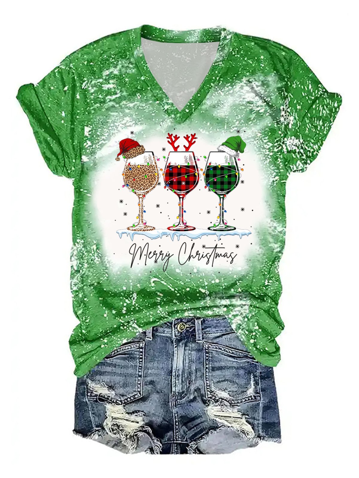 Womens Merry Christmas Red Wine Glass Bleach Print V Neck Cotton-Blend Loose T-Shirt