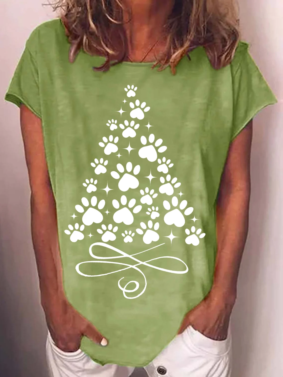 Women's Paw Christmas Tree Printed Casual Crew Neck T-shirt