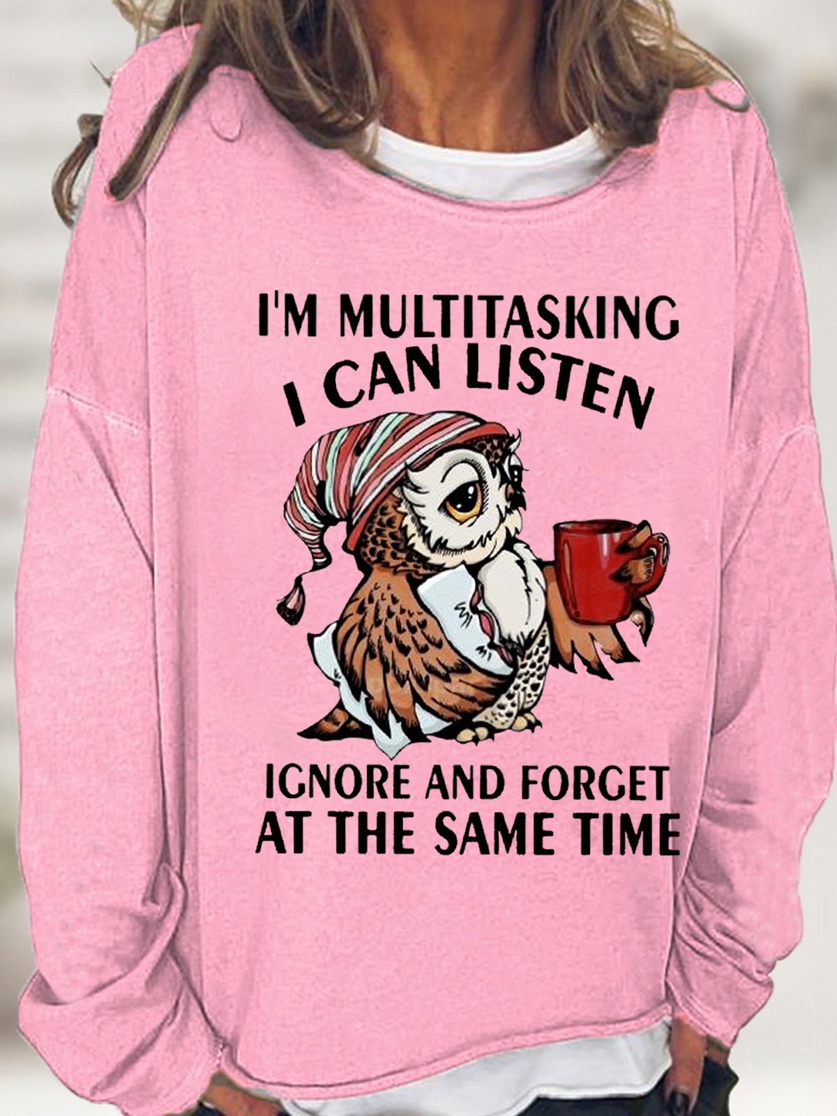Women's Funny Text Letters Owl I'm Multitasking Crew Neck Casual Sweatshirt