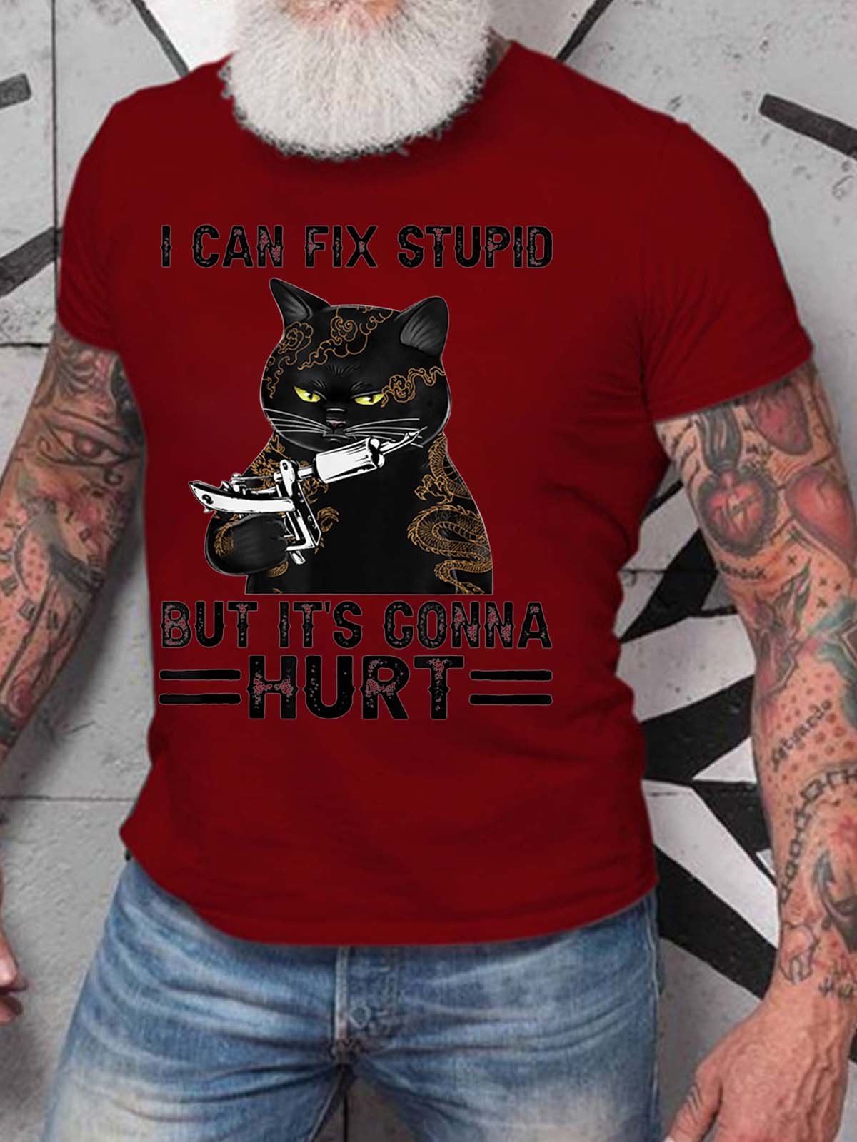 Men I Can Fix Stupid But It’s Conna Hurt Black Cat Cotton Text Letters T-Shirt