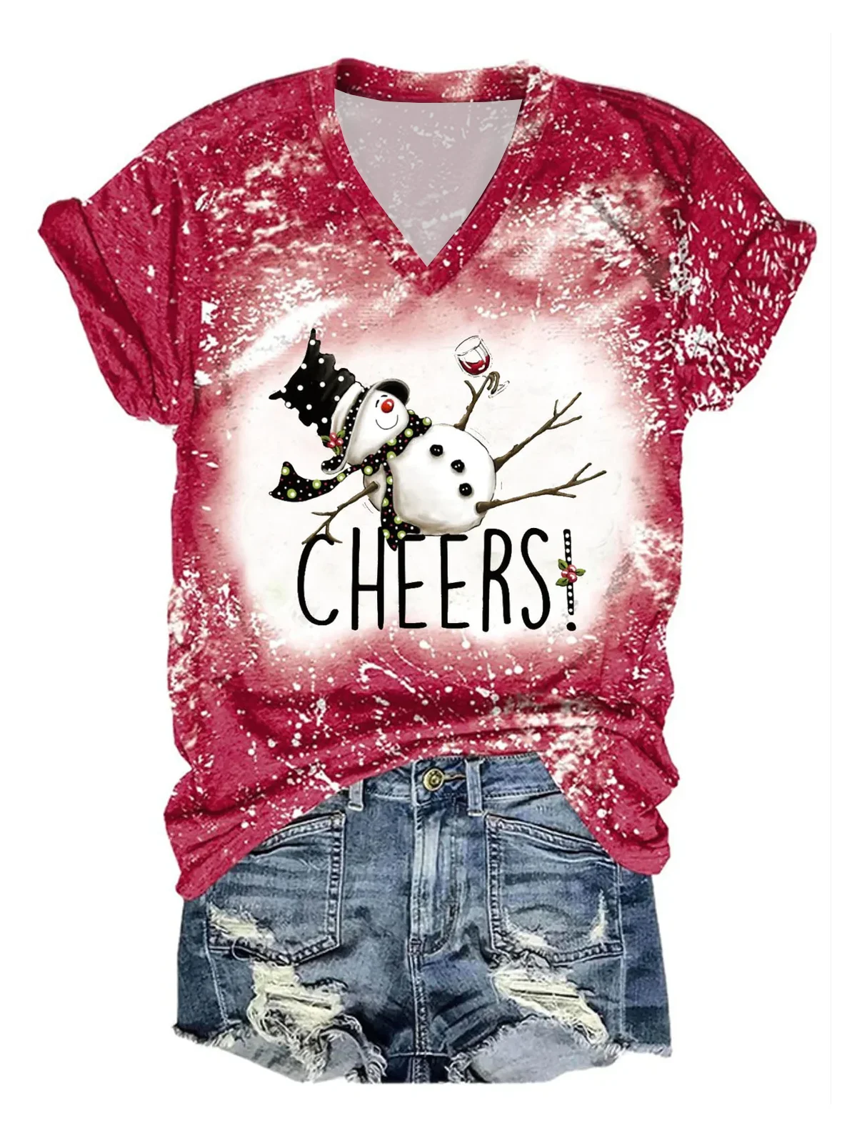 Women Cheers Christmas Drunk Snowman Print T-Shirt