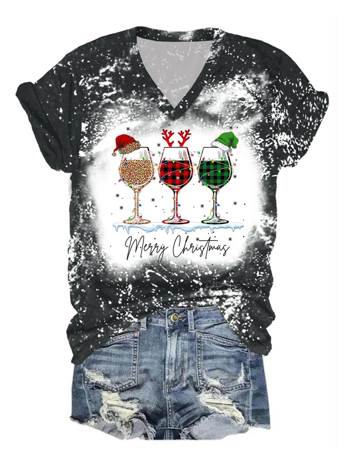 Womens Merry Christmas Red Wine Glass Bleach Print V Neck Cotton-Blend Loose T-Shirt