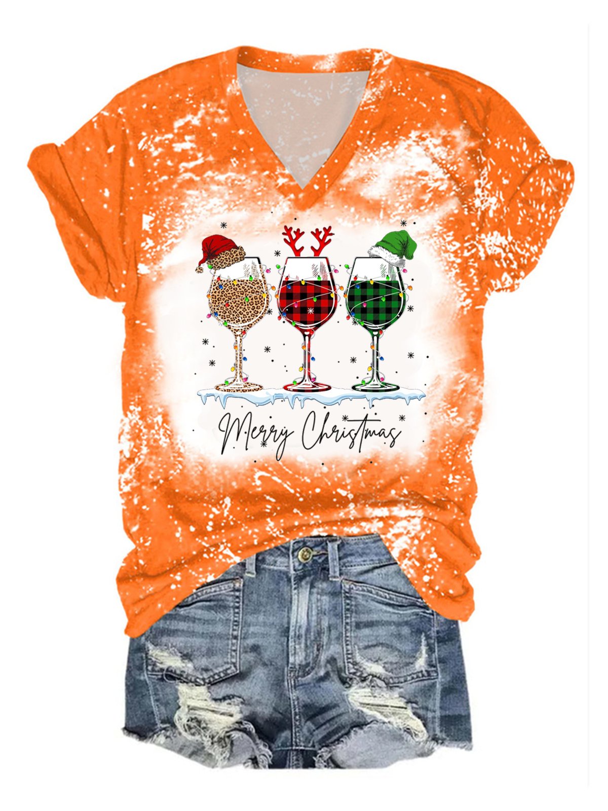 Womens Merry Christmas Red Wine Glass Bleach Print V Neck Cotton-Blend Loose T-Shirt