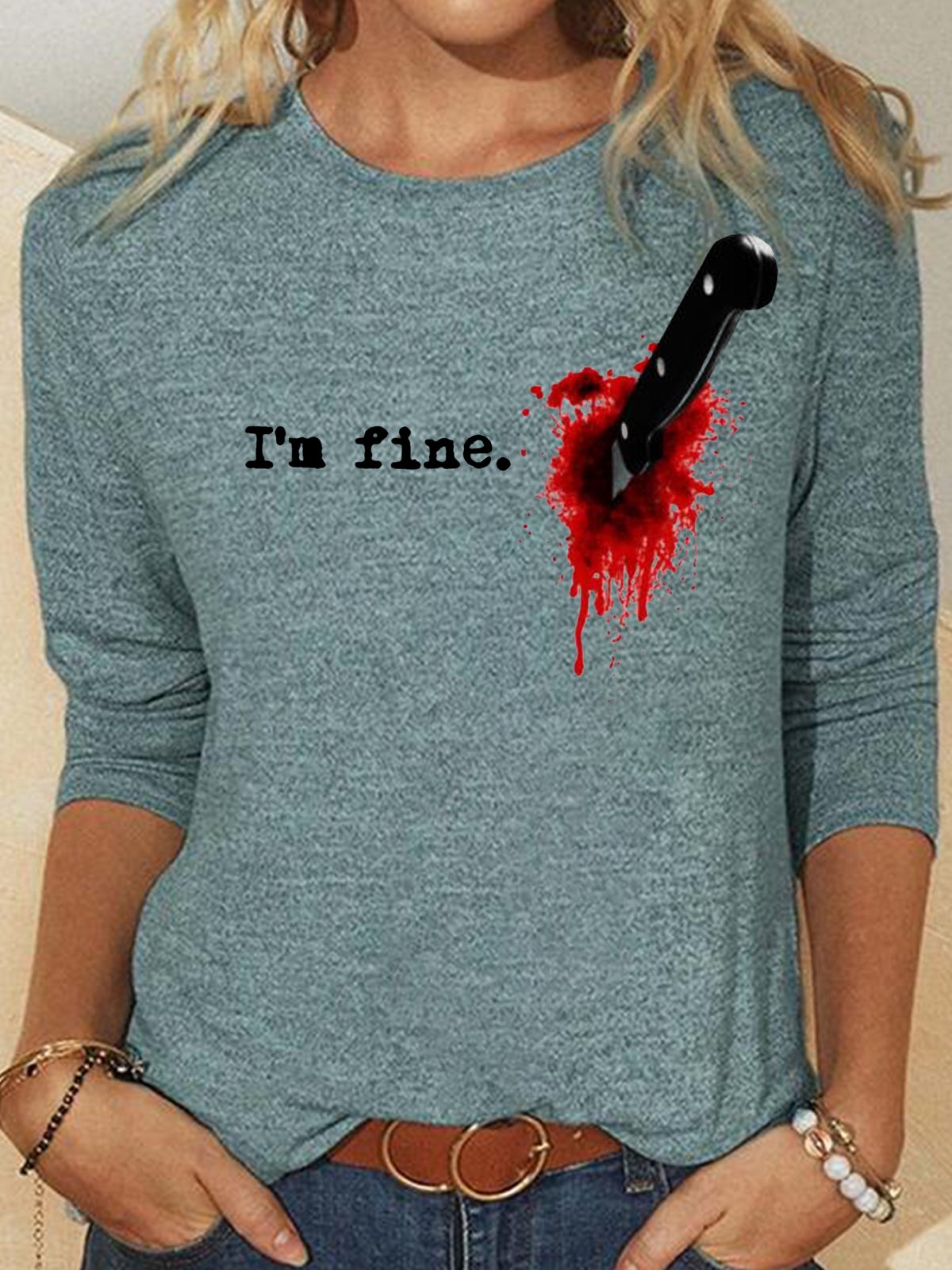 Womens Funny Halloween Print I'm Fine Casual Top