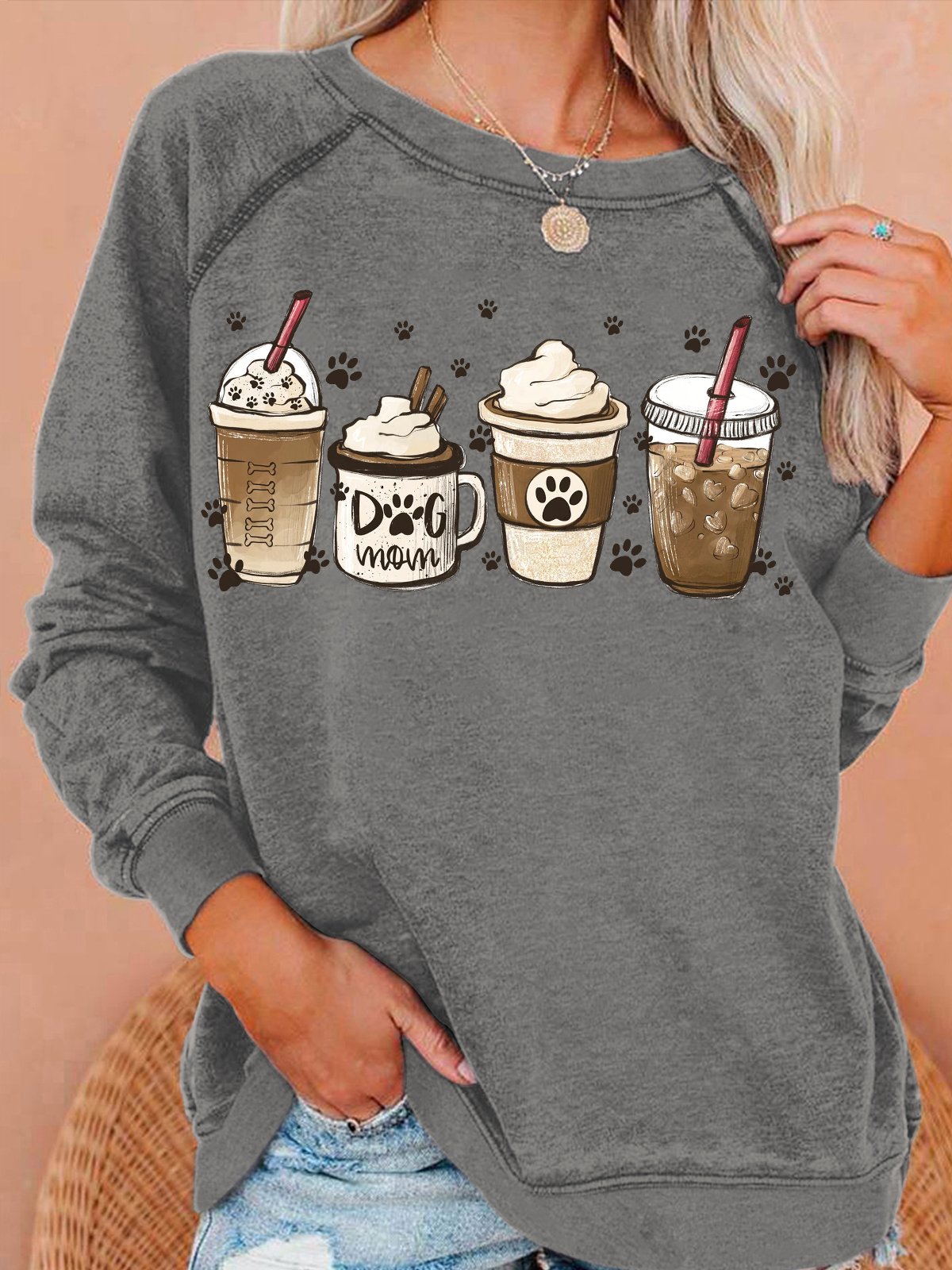 Womens Coffee Dog Lover Crew Neck Casual Sweatshirt