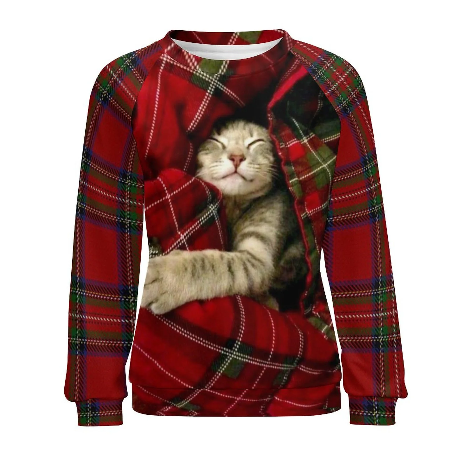 Women's Christmas Cat Crew Neck Plaid Sweatshirt