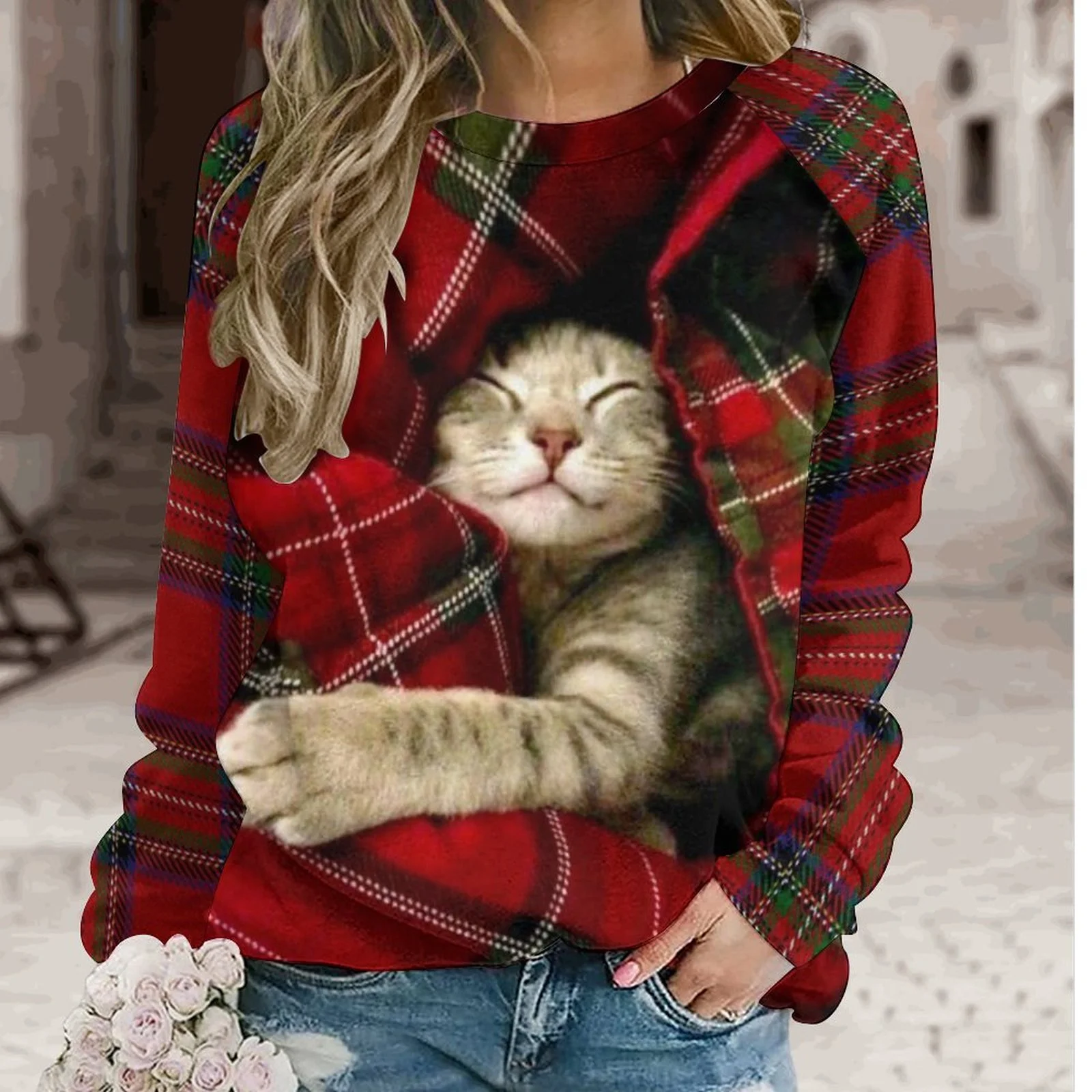 Women's Christmas Cat Crew Neck Plaid Sweatshirt