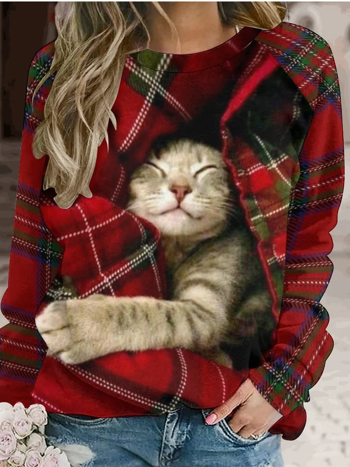 Women's Christmas Cat Crew Neck Plaid Sweatshirt