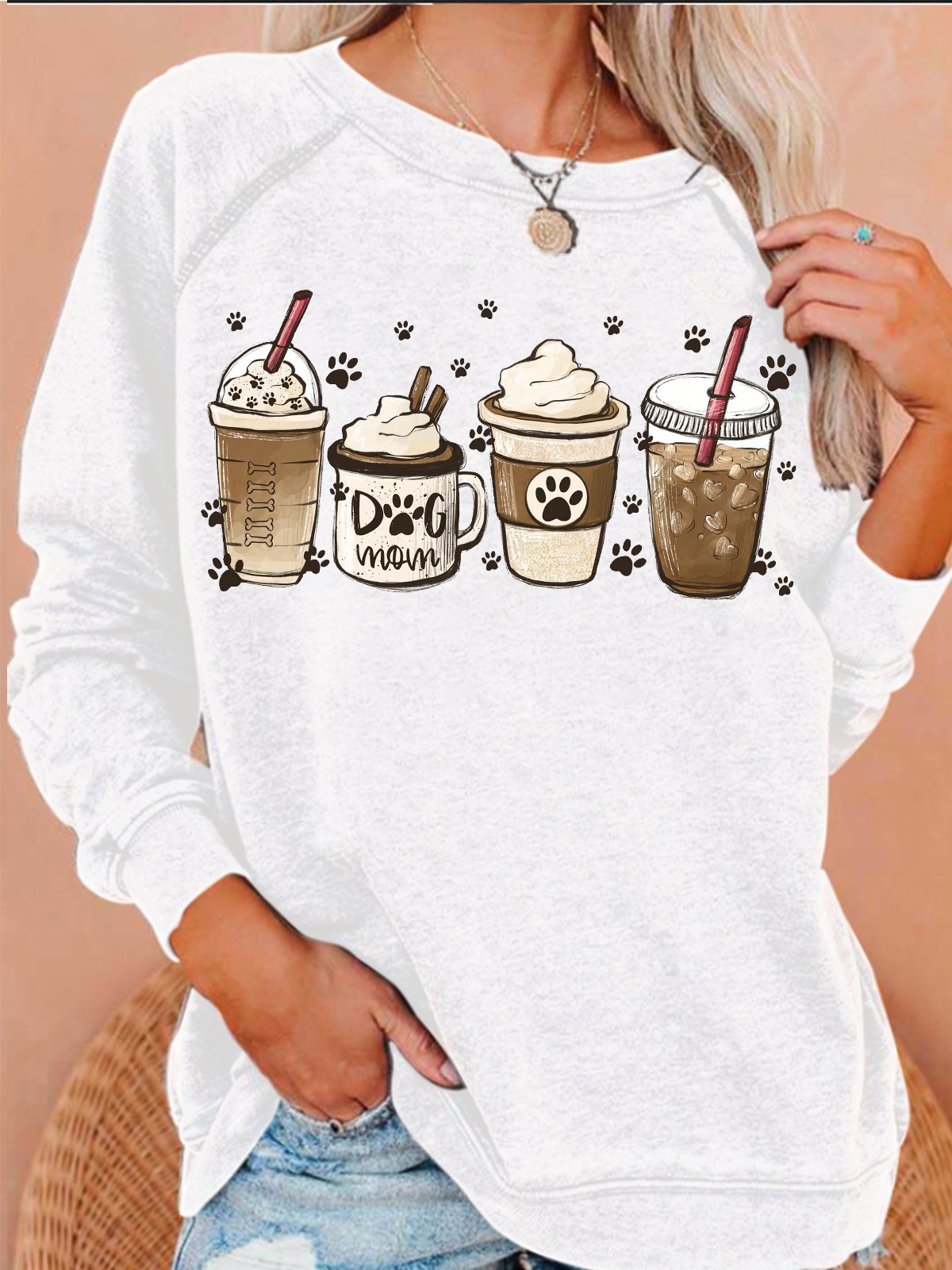 Womens Coffee Dog Lover Crew Neck Casual Sweatshirt