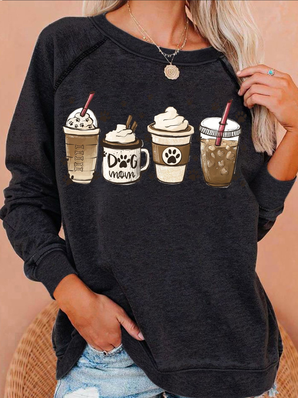 Womens Coffee Dog Lover Crew Neck Casual Sweatshirt