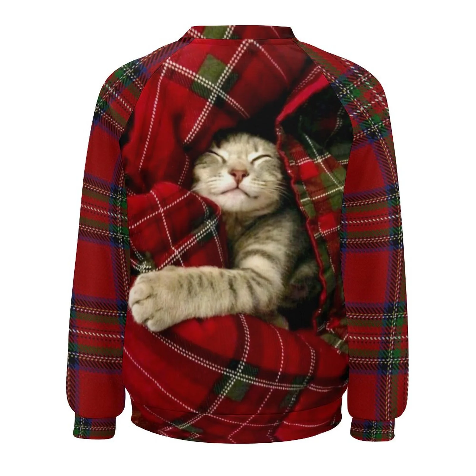 Women's Christmas Cat Crew Neck Plaid Sweatshirt