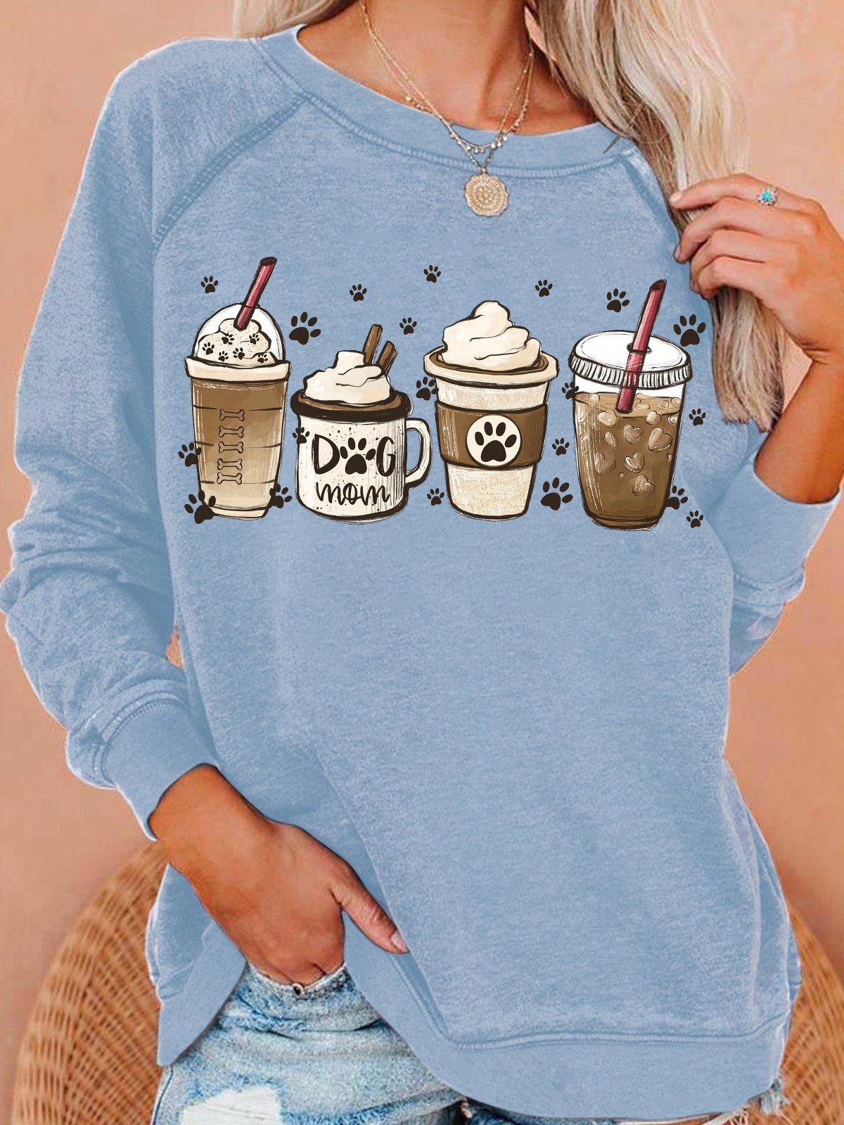 Womens Coffee Dog Lover Crew Neck Casual Sweatshirt