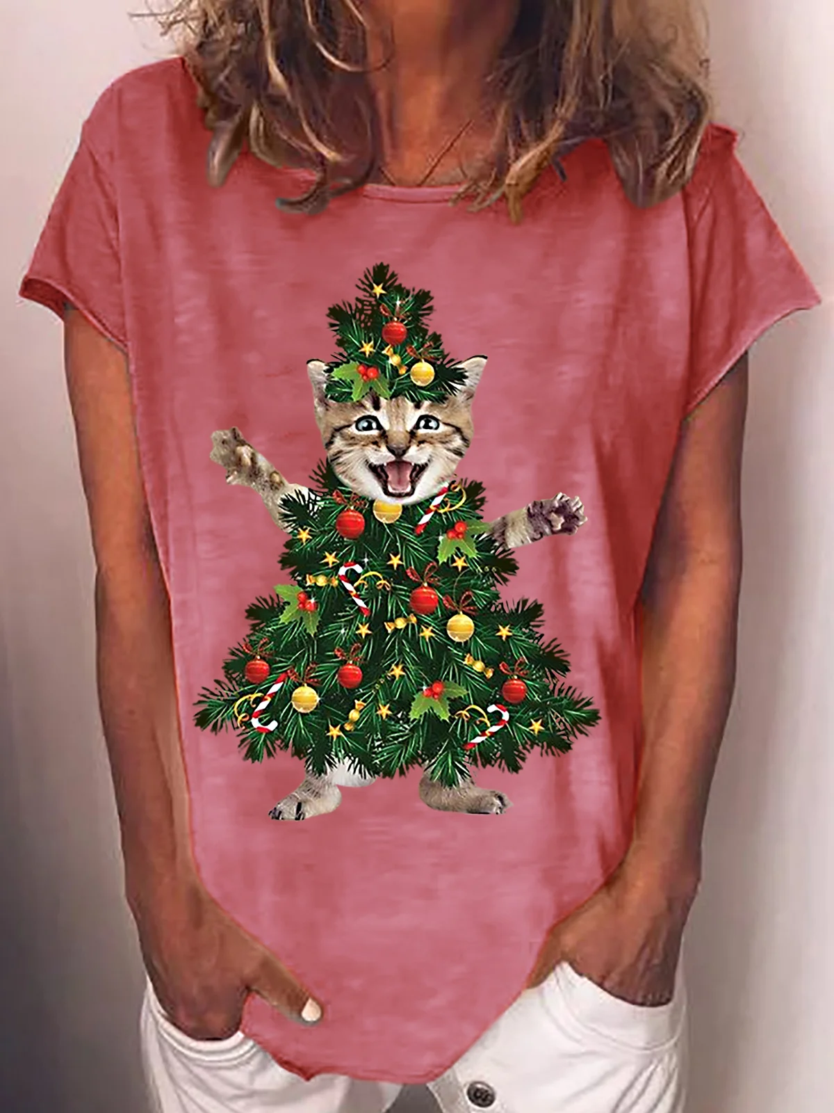 Womens Christmas Tree Cat Crew Neck T-Shirt