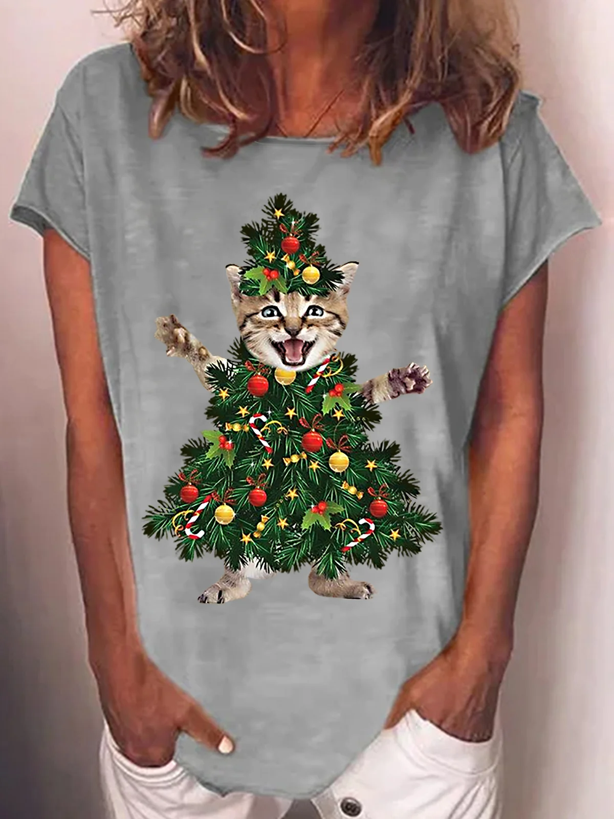 Womens Christmas Tree Cat Crew Neck T-Shirt