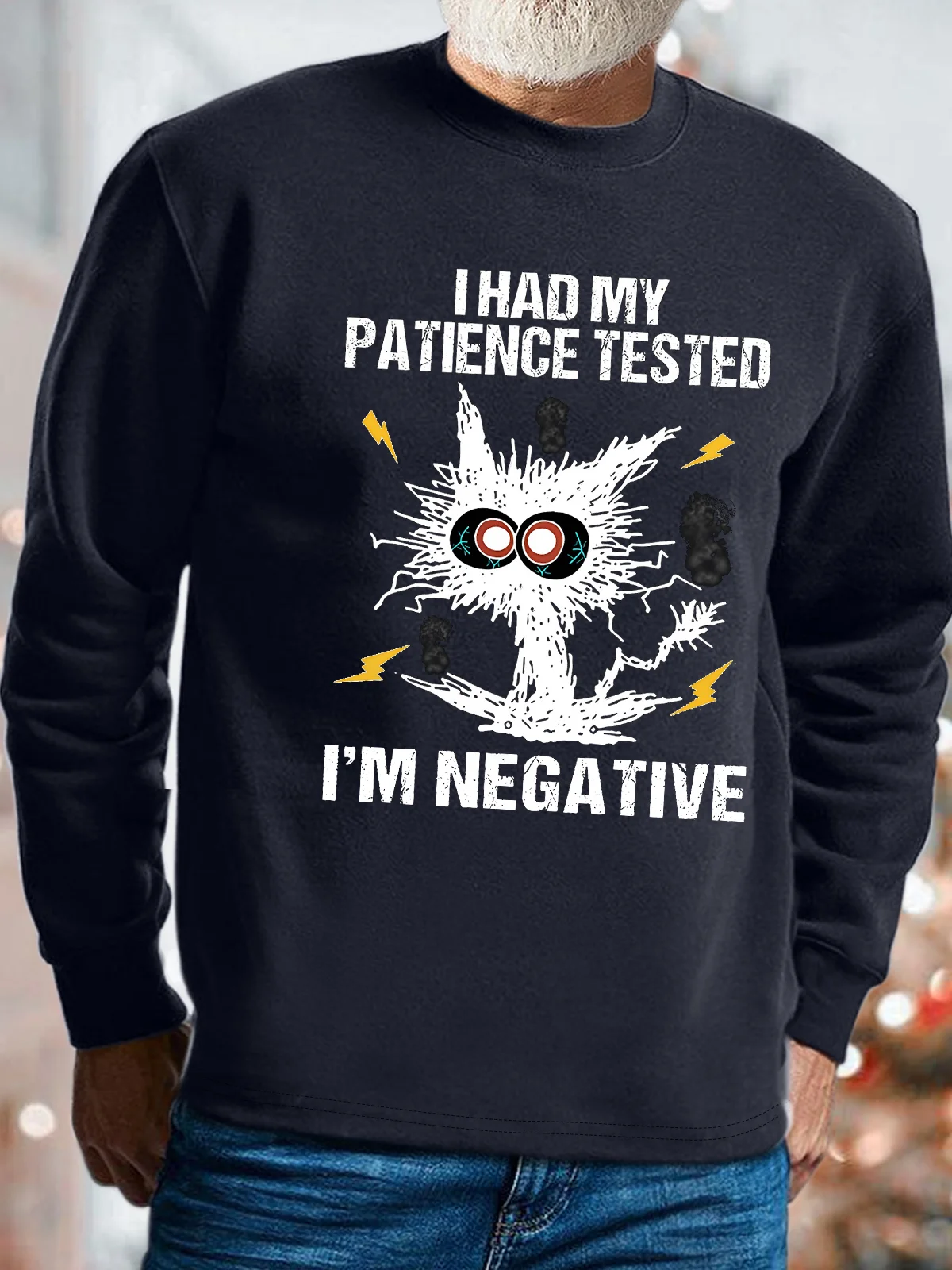 Men's I Am Negative Funny Grumpy Black Cat Graphic Print Text Letters Loose Cotton-Blend Sweatshirt