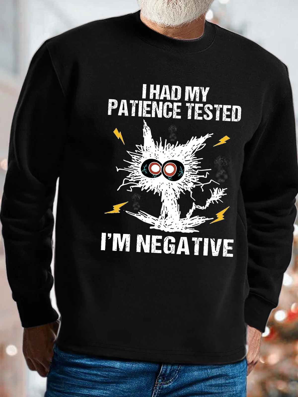 Men's I Am Negative Funny Grumpy Black Cat Graphic Print Text Letters Loose Cotton-Blend Sweatshirt