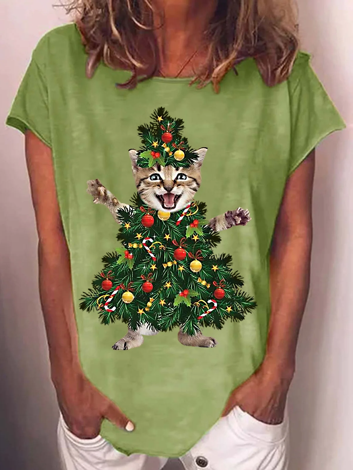 Womens Christmas Tree Cat Crew Neck T-Shirt