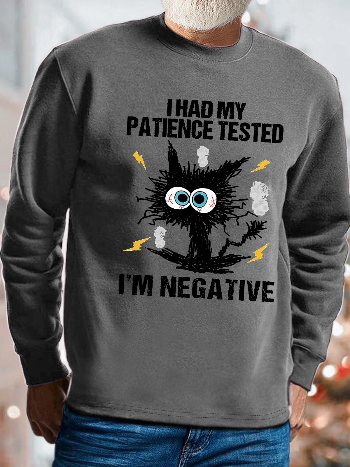 Men's I Am Negative Funny Grumpy Black Cat Graphic Print Text Letters Loose Cotton-Blend Sweatshirt