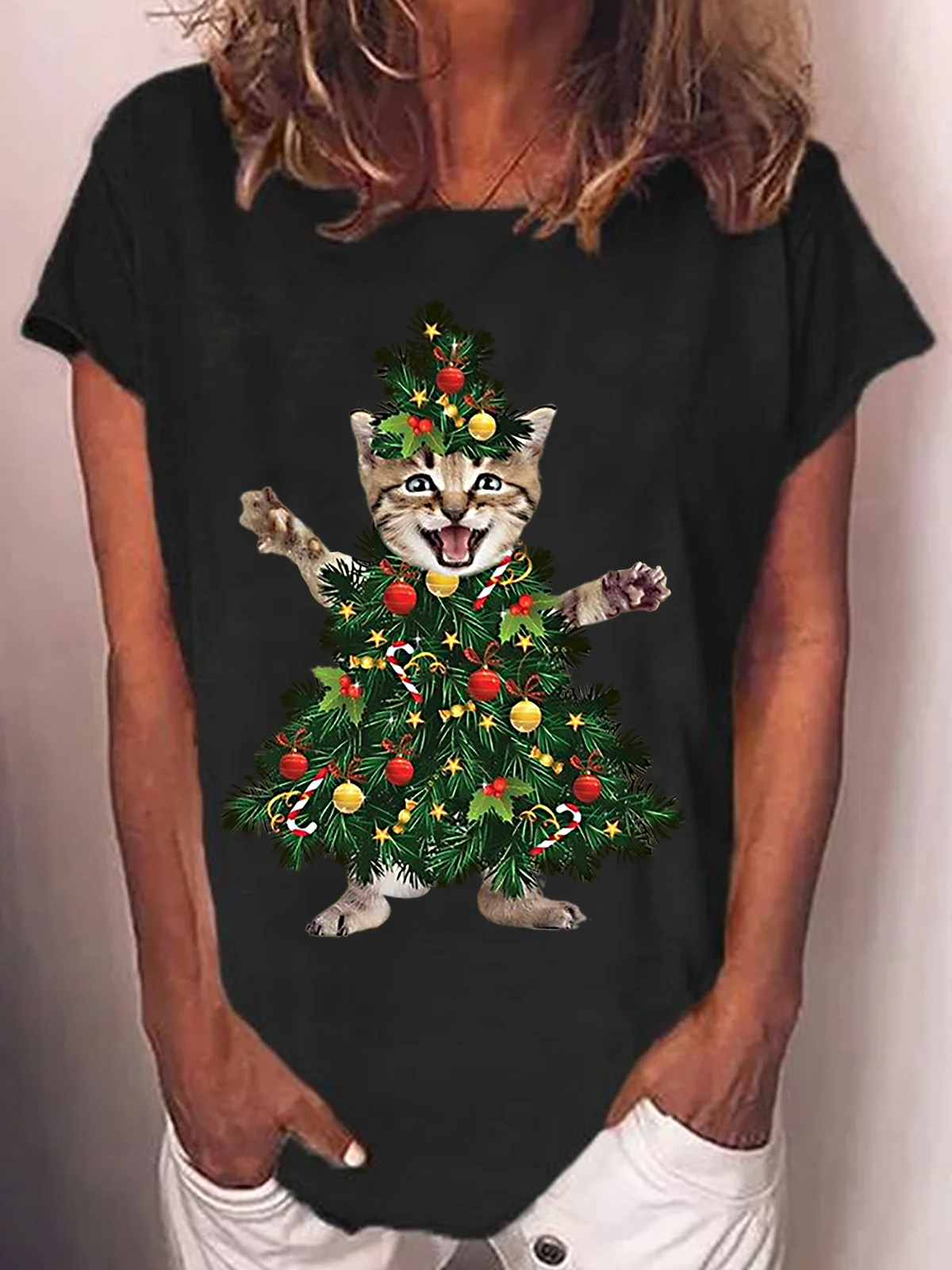 Womens Christmas Tree Cat Crew Neck T-Shirt