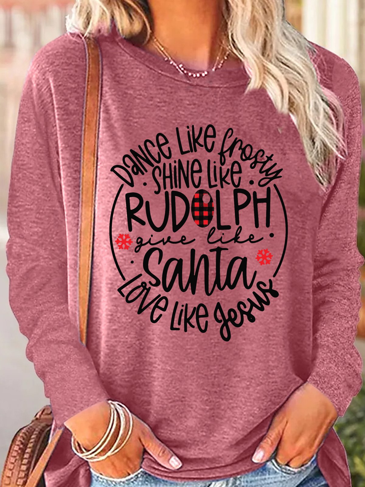 Women's Dance Like Frosty Shine Like Rudolph Give Like Santa Love Like Jesus Christmas Crew Neck Long Sleeve Top