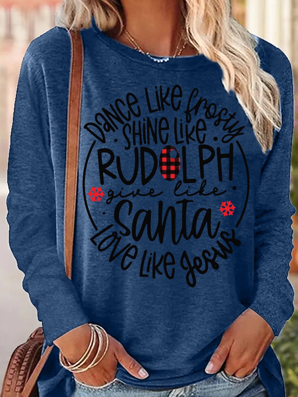 Women's Dance Like Frosty Shine Like Rudolph Give Like Santa Love Like Jesus Christmas Crew Neck Long Sleeve Top