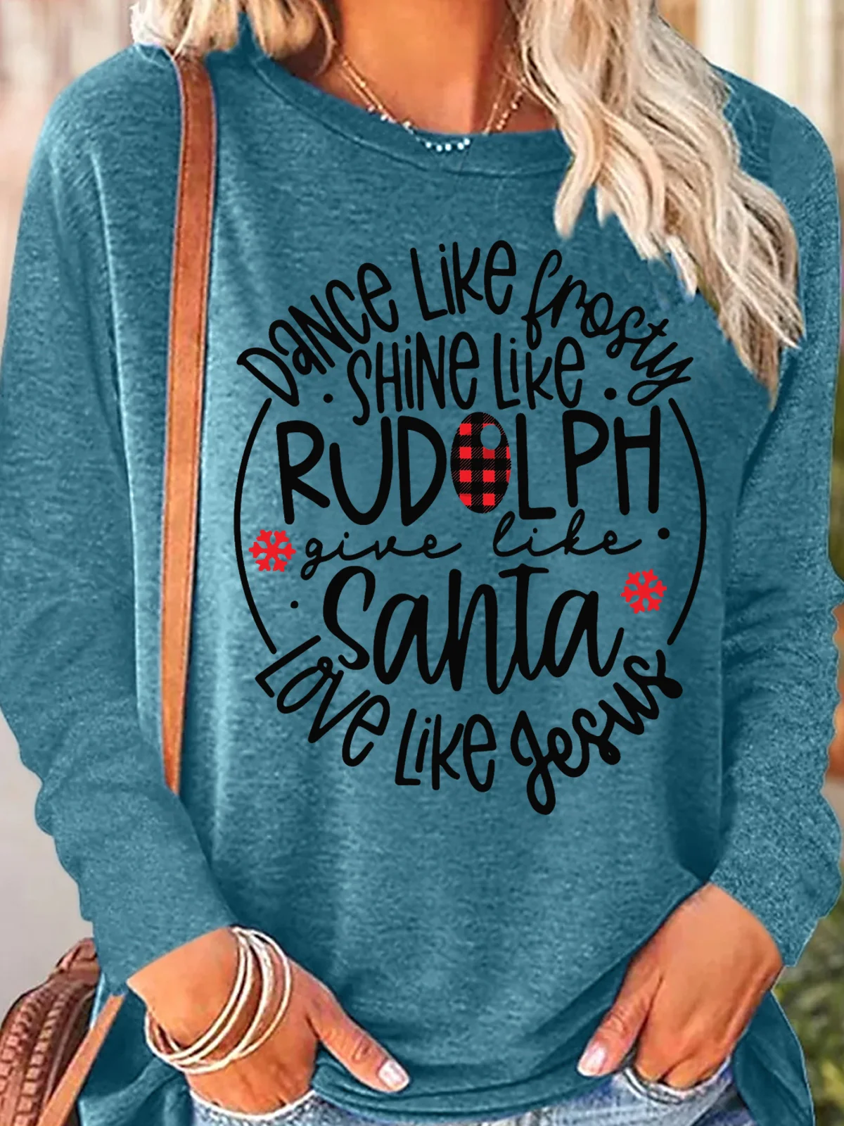 Women's Dance Like Frosty Shine Like Rudolph Give Like Santa Love Like Jesus Christmas Crew Neck Long Sleeve Top