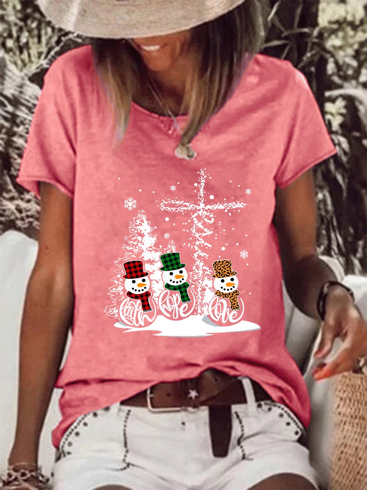 Women Snowman Christmas Print Simple T-Shirt