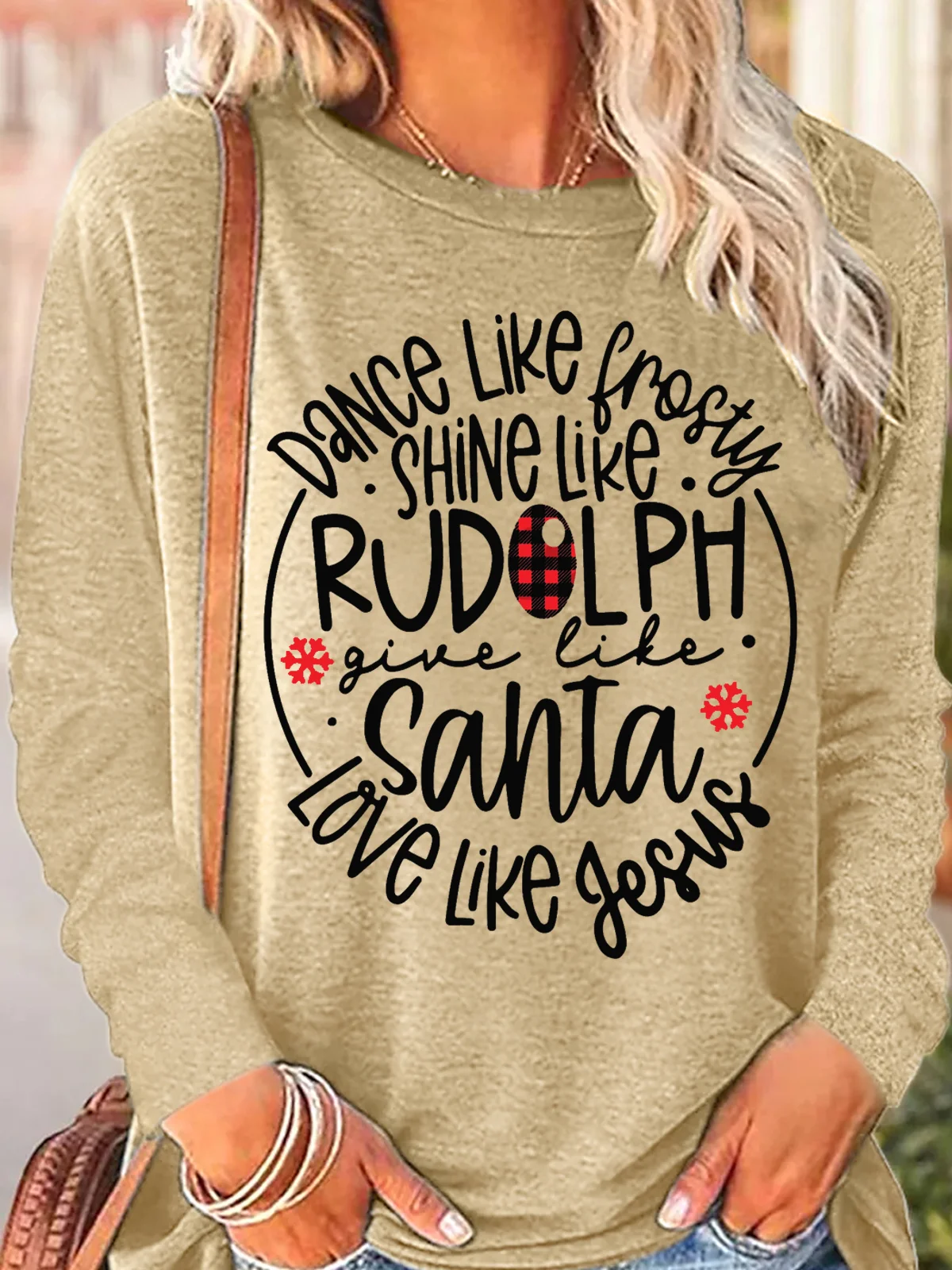 Women's Dance Like Frosty Shine Like Rudolph Give Like Santa Love Like Jesus Christmas Crew Neck Long Sleeve Top