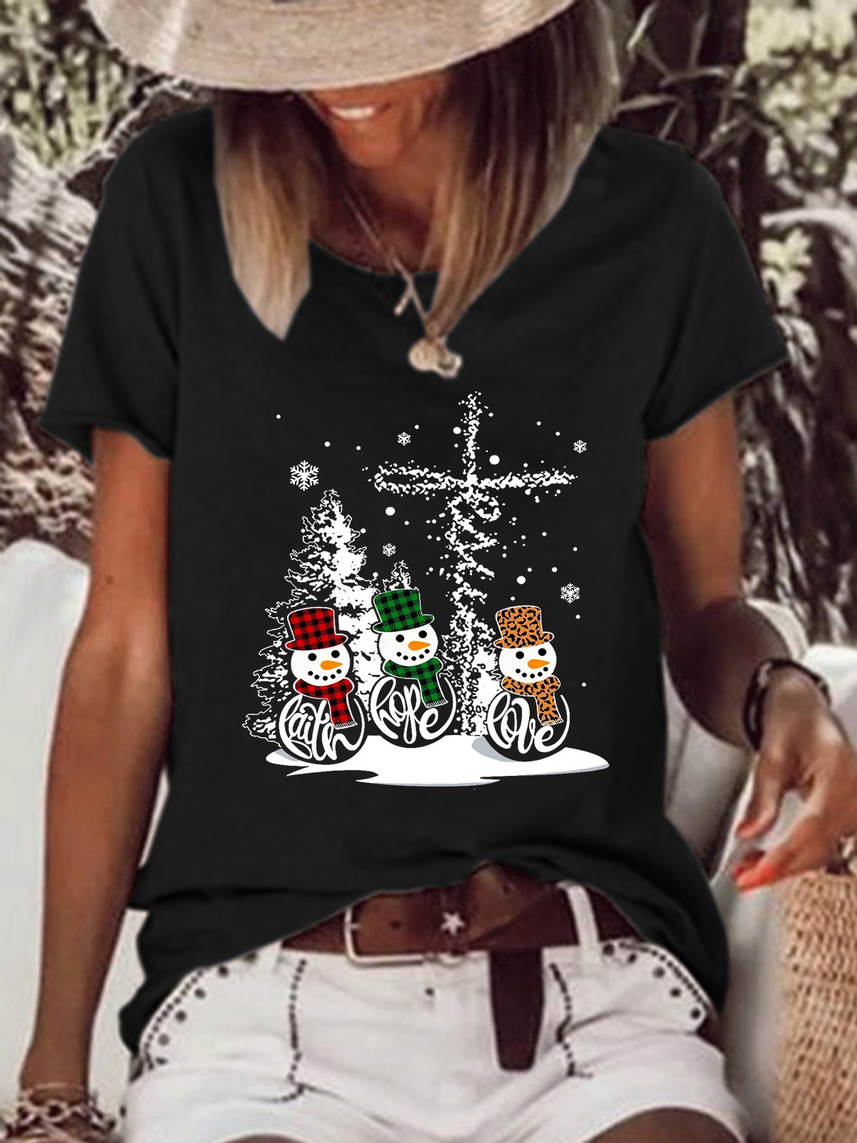 Women Snowman Christmas Print Simple T-Shirt