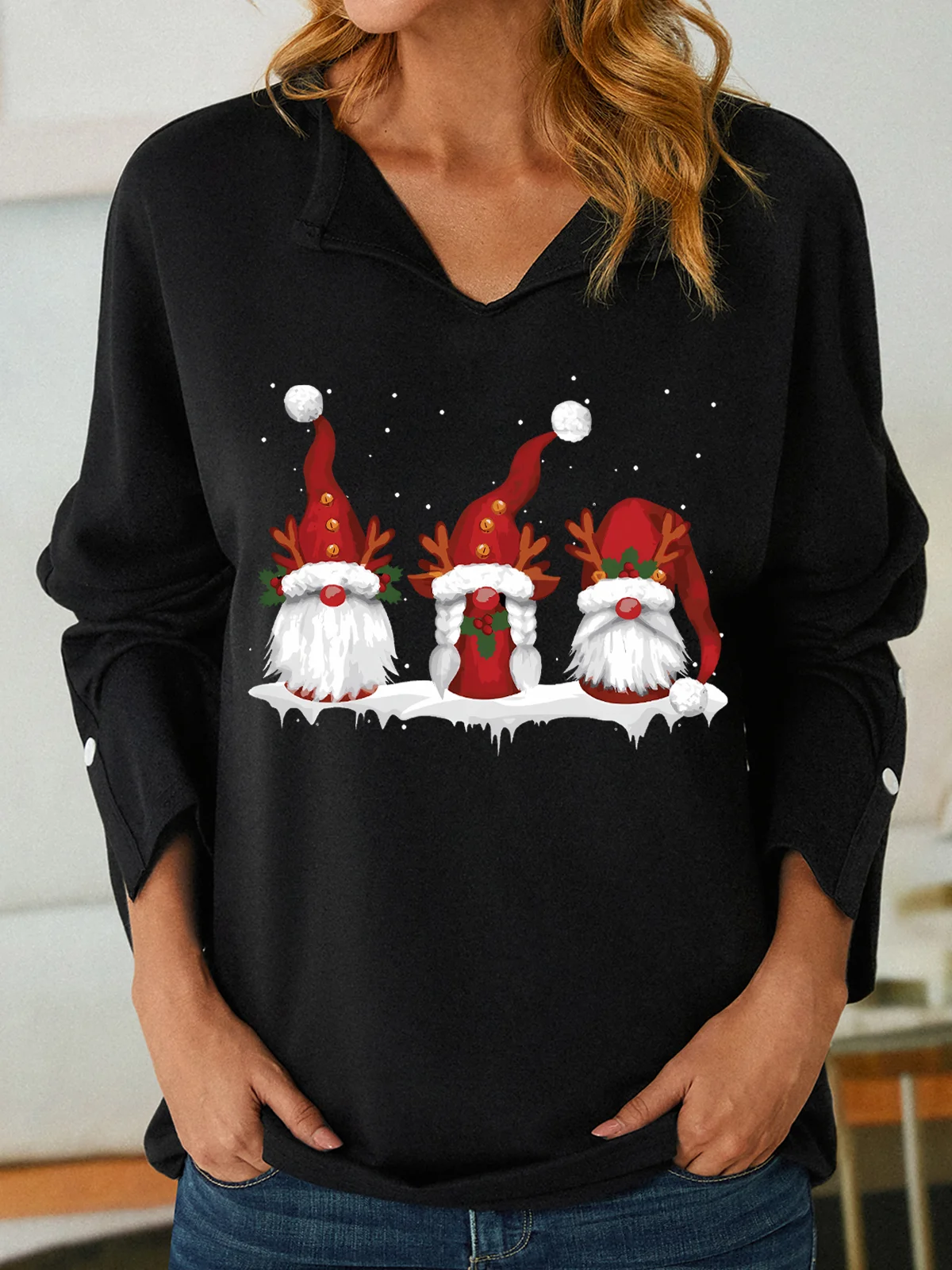 Women Three Nordic Gnomes Winter Christmas V Neck Striped Sweatshirt