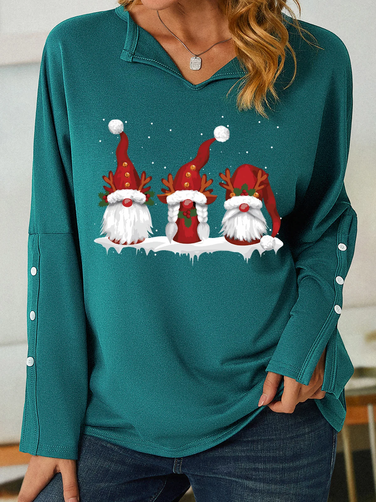 Women Three Nordic Gnomes Winter Christmas V Neck Striped Sweatshirt