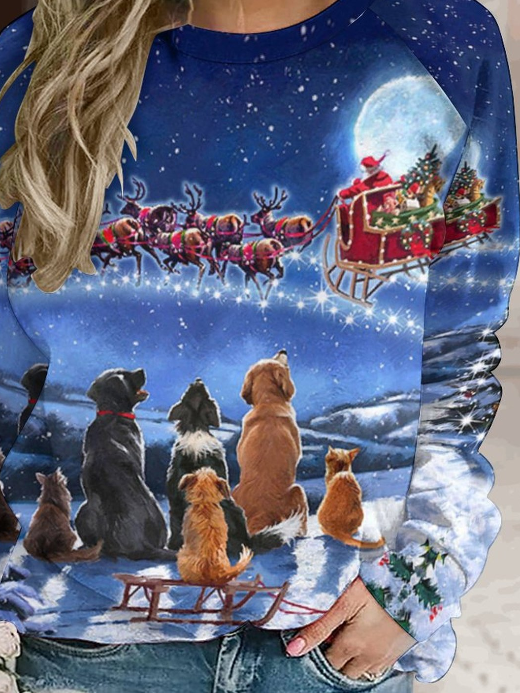 Womens Christmas Santa Dog Painting Crew Neck Sweatshirt