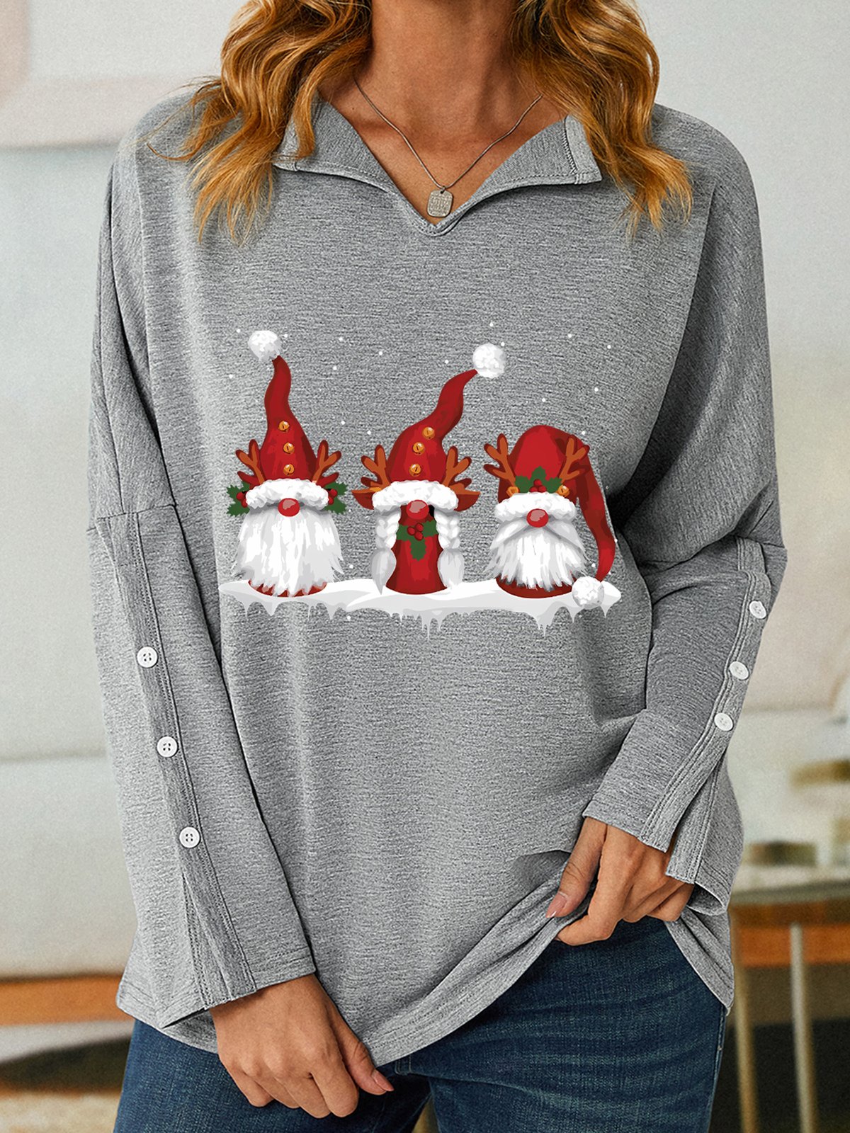 Women Three Nordic Gnomes Winter Christmas V Neck Striped Sweatshirt