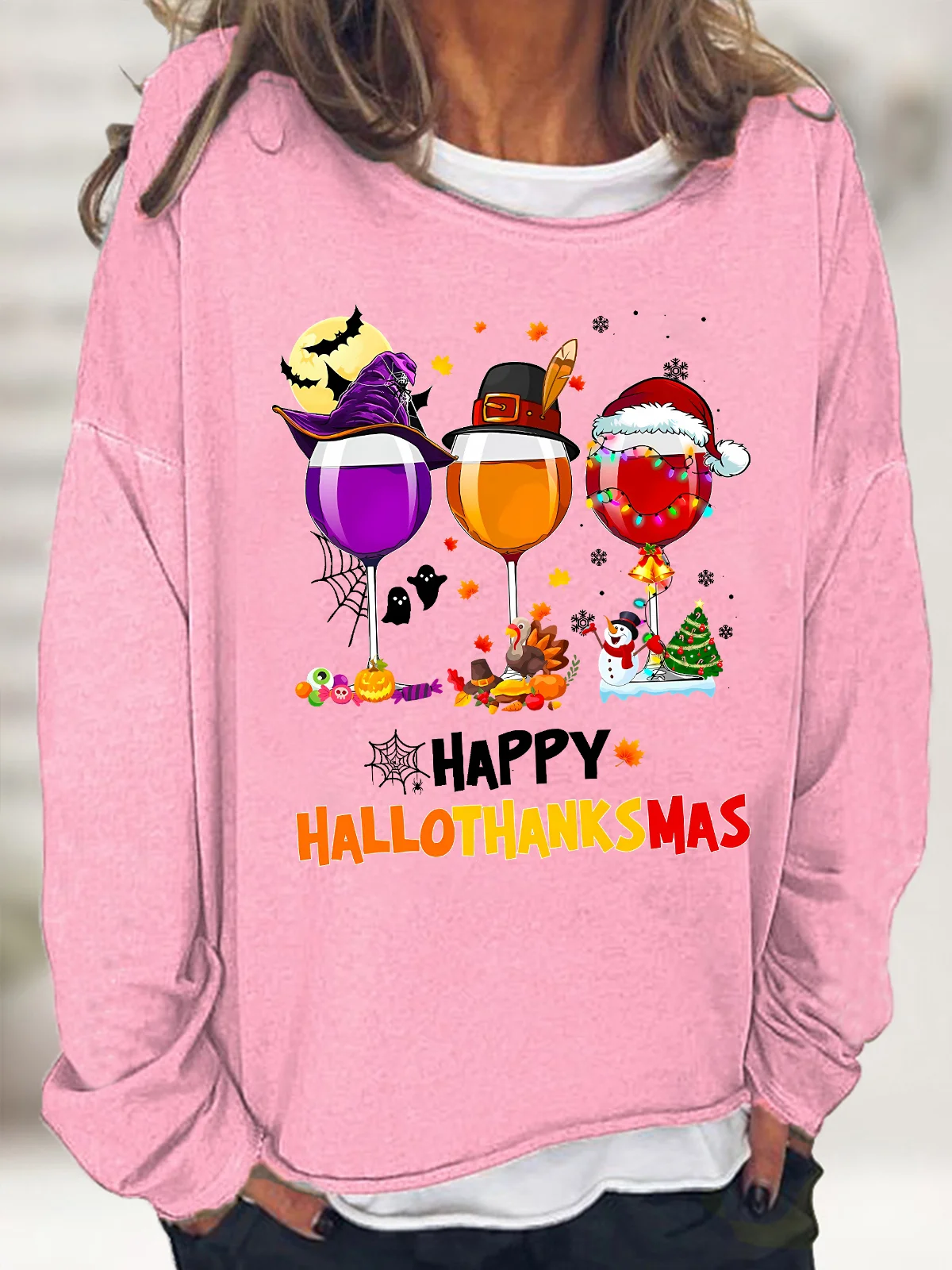 Women's Happy Hallo Thanks Mas Funny Three Red Wine Glasses Christmas Graphic Print Casual Loose Sweatshirt