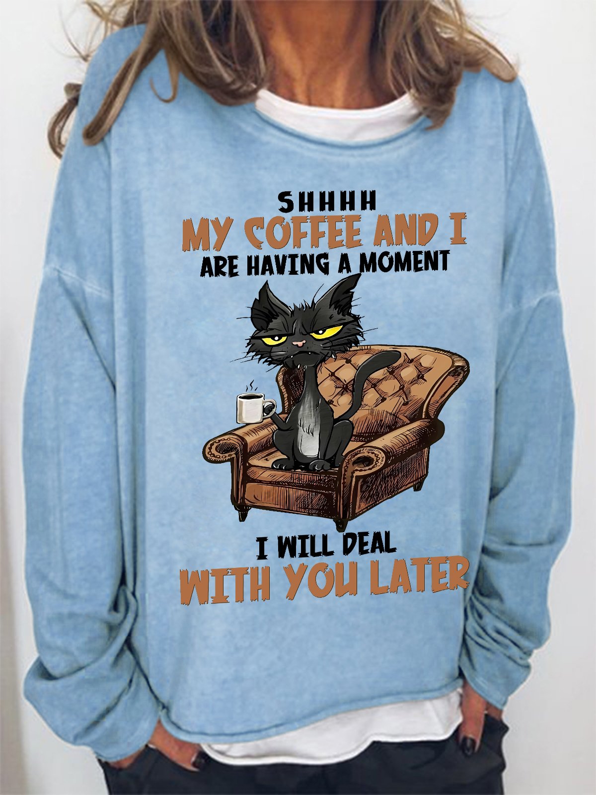 Women's Funny Cat Coffee Simple Loose Sweatshirt