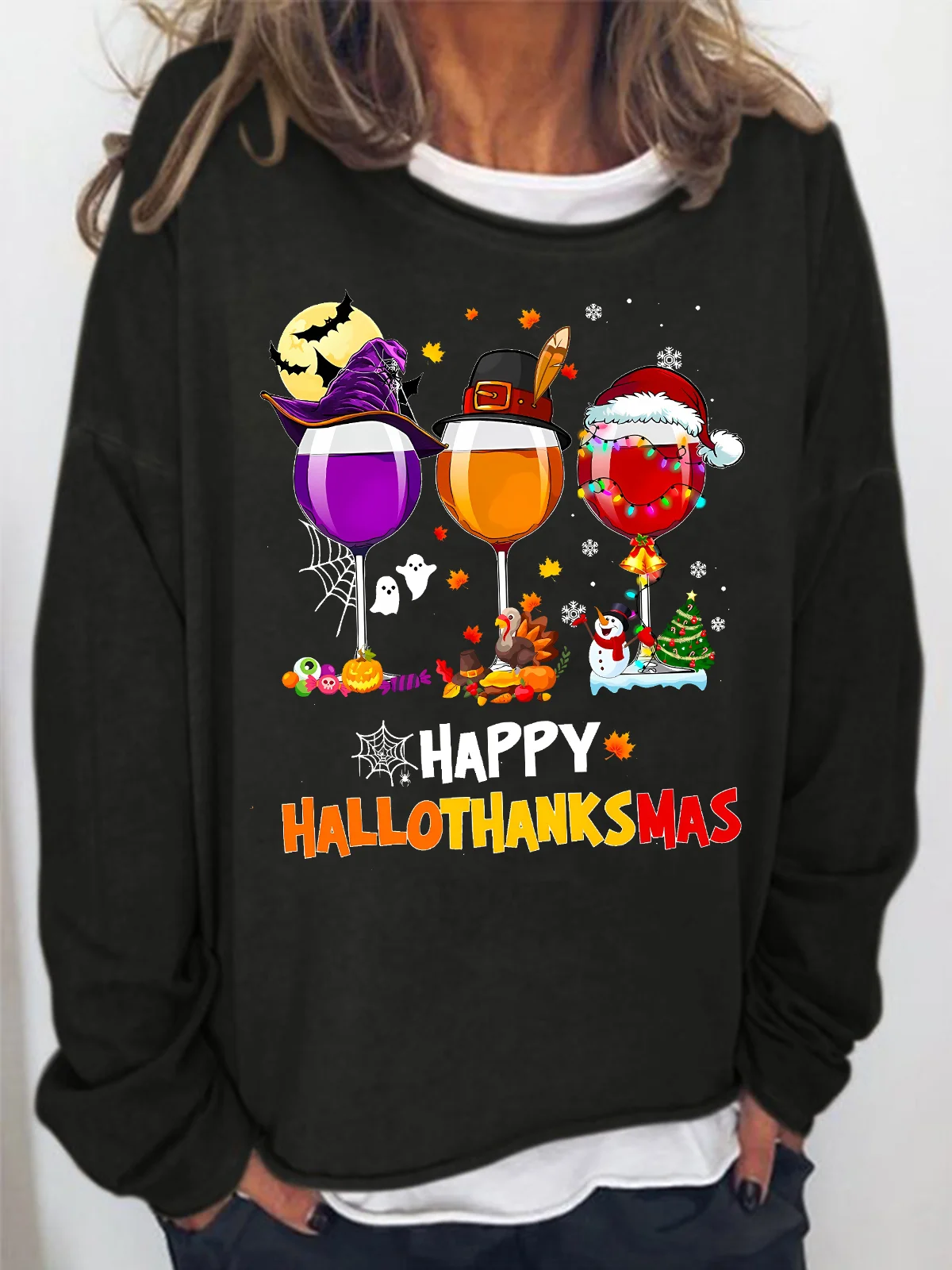 Women's Happy Hallo Thanks Mas Funny Three Red Wine Glasses Christmas Graphic Print Casual Loose Sweatshirt