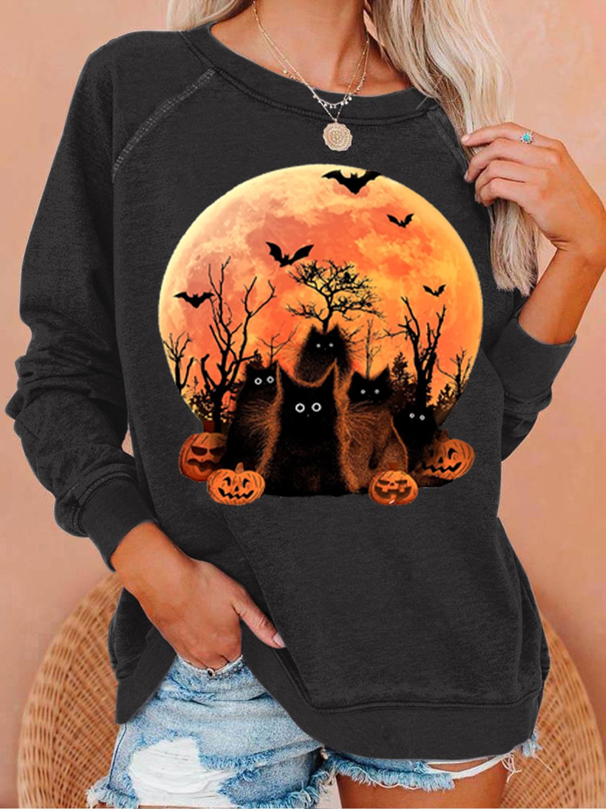 Womens Halloween Black Witch Cat Crew Neck Sweatshirt