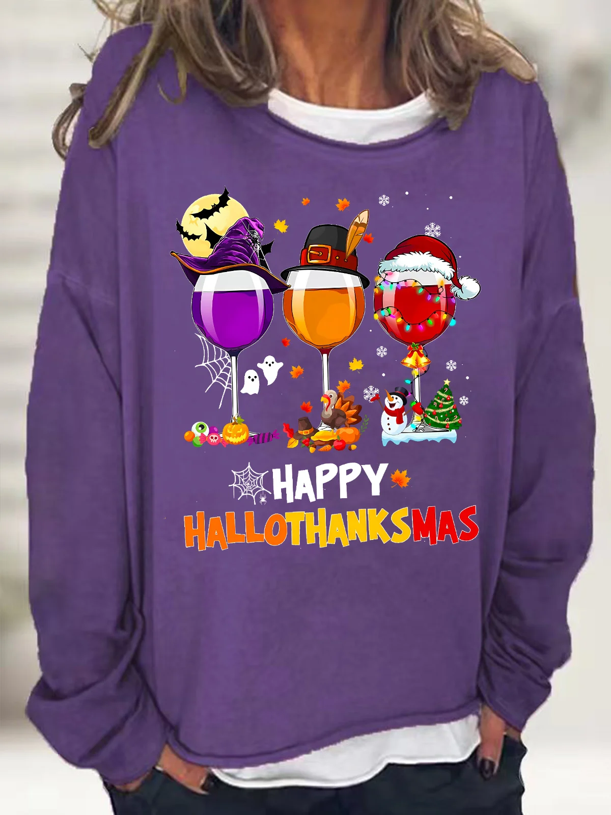 Women's Happy Hallo Thanks Mas Funny Three Red Wine Glasses Christmas Graphic Print Casual Loose Sweatshirt