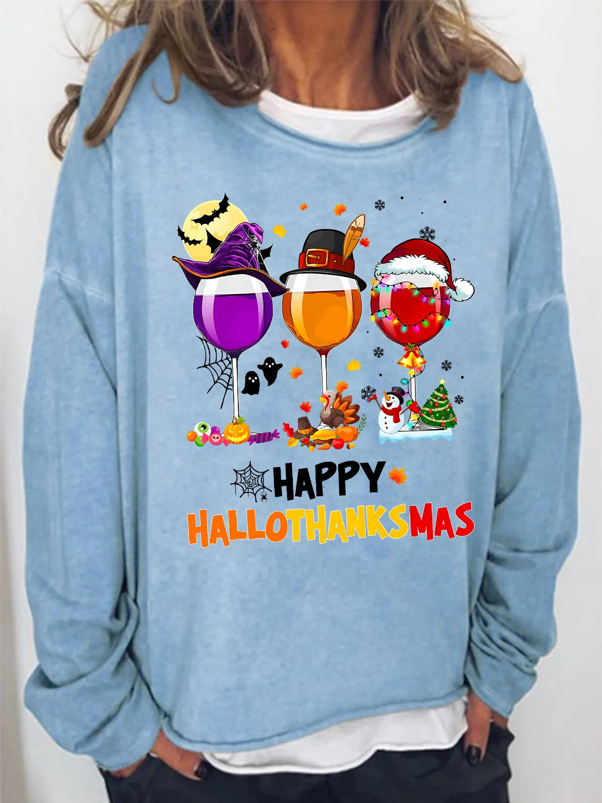 Women's Happy Hallo Thanks Mas Funny Three Red Wine Glasses Christmas Graphic Print Casual Loose Sweatshirt