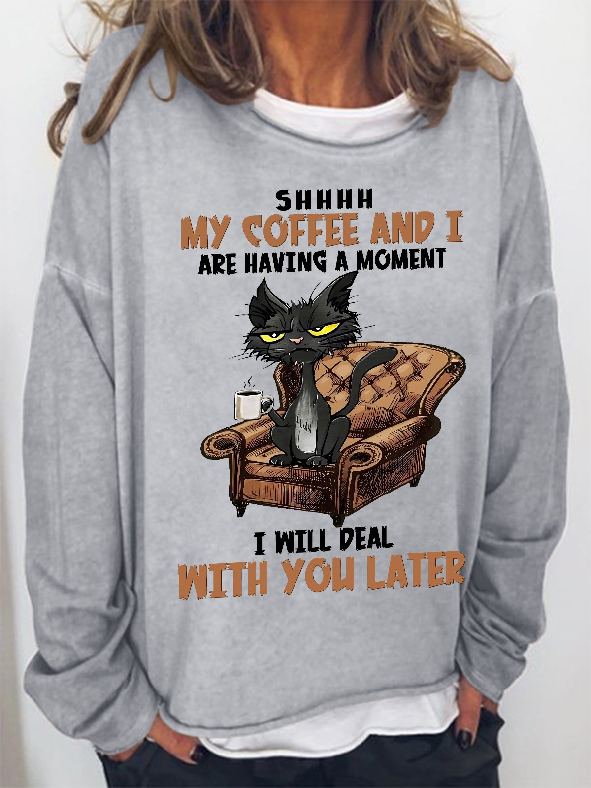 Women's Funny Cat Coffee Simple Loose Sweatshirt