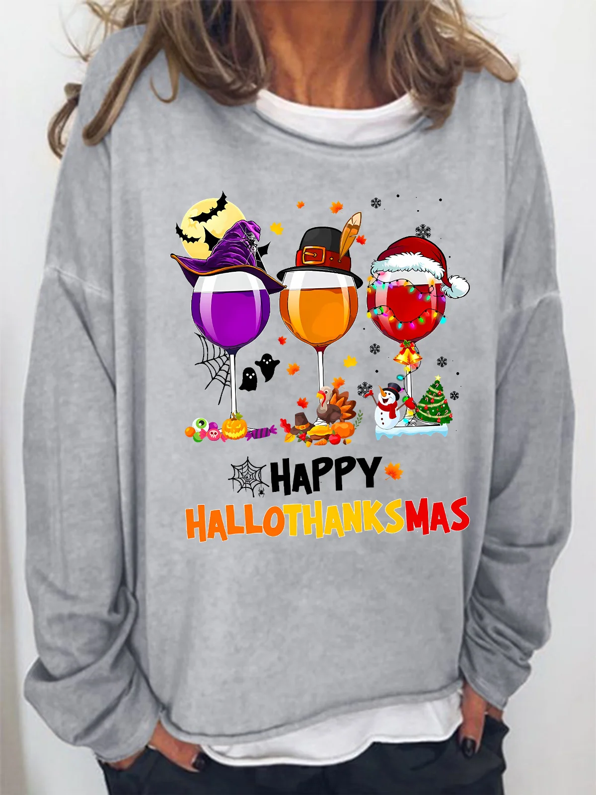 Women's Happy Hallo Thanks Mas Funny Three Red Wine Glasses Christmas Graphic Print Casual Loose Sweatshirt