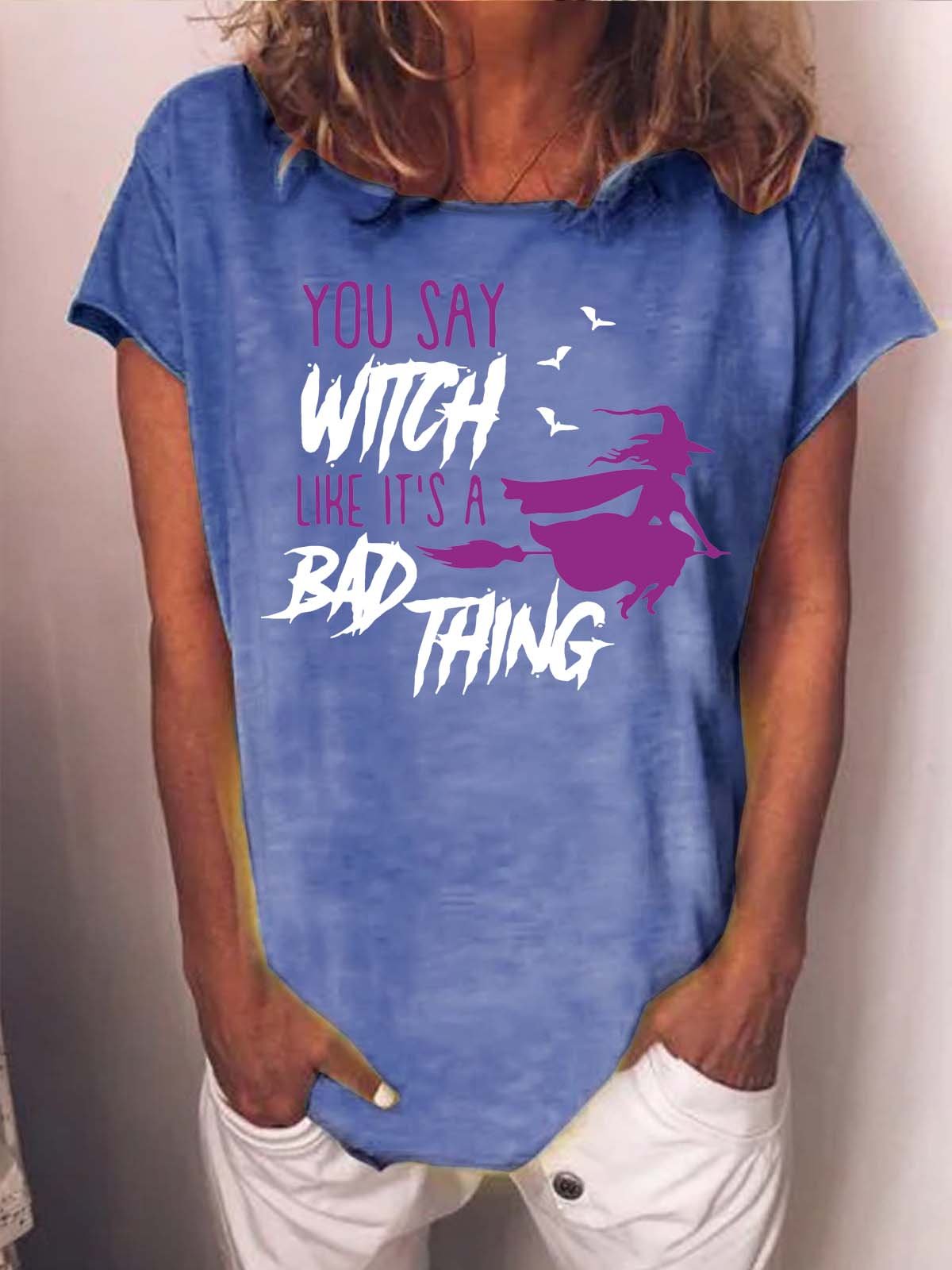 Women Halloween Brooms Witch Casual Loose Halloween T-Shirt